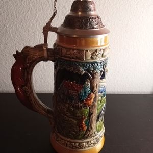 STUNNING VTG German Beer Stein Hunting Theme 11" Lidded.